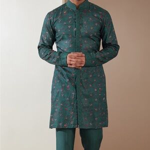 Green Floral Men's Silk Kurta - Indian wedding guest